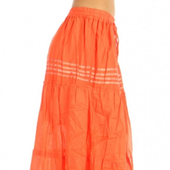 HIGHNESS NYC Women OS Beach Breeze Cotton Solid Orange Ruffle Maxi Skirt - Picture 6 of 12
